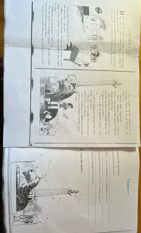 Ответь на вопросы: "How long is the tube?", "What can the children do in Trafalgar Square?", "How many lions are there in Trafalgar Square?", "Who is taking Lisa's picture?", а также подпиши картинку
