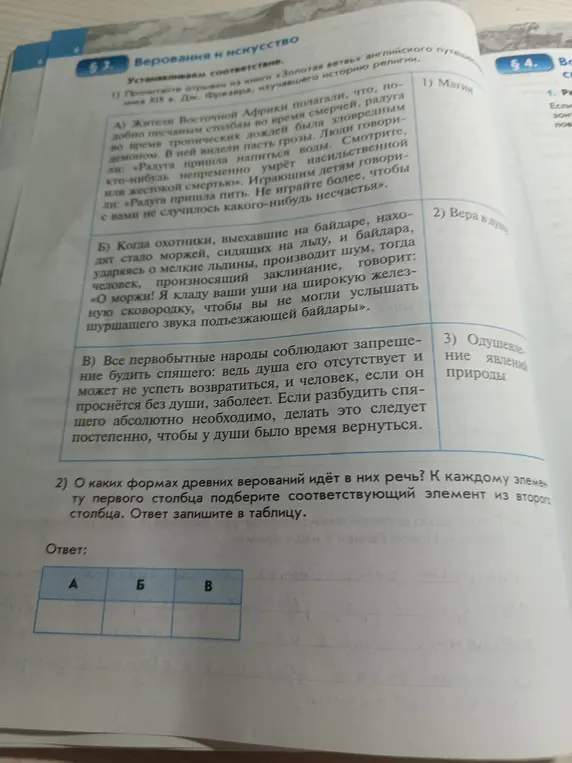 Помоги сопоставить формы древних верований с их описаниями в таблице