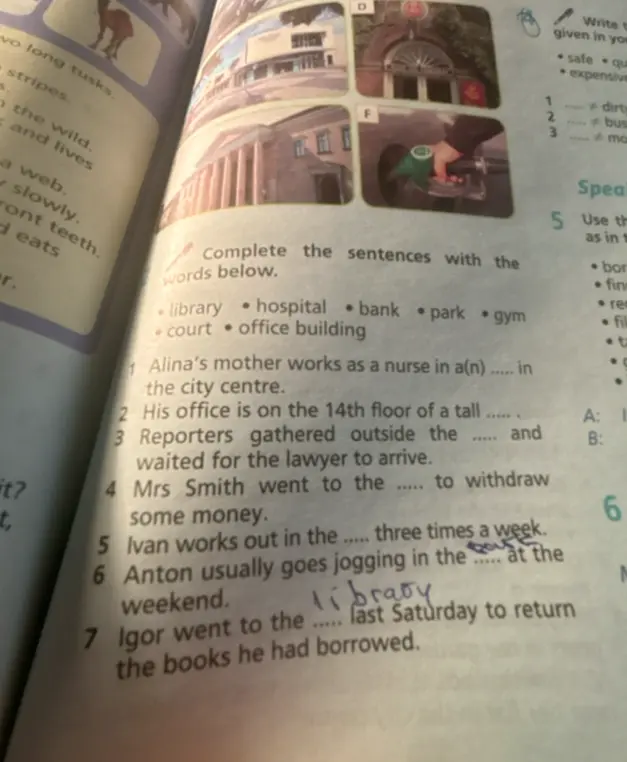 Заполни предложения, используя слова: library, hospital, bank, park, gym, court, office building. Alina's mother works as a nurse in a(n) ... in the city centre.