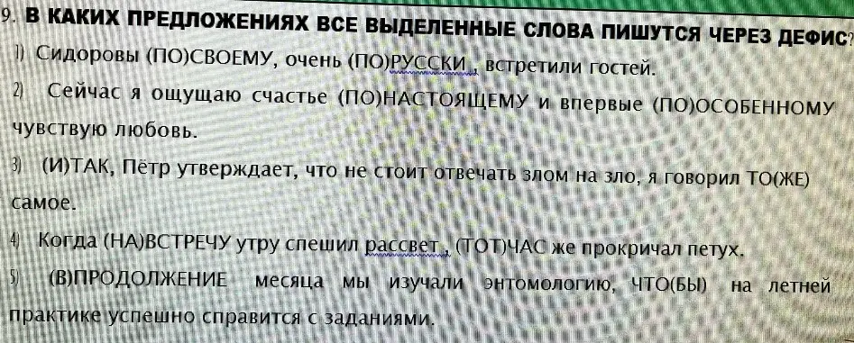Определи, в каких предложениях все выделенные слова пишутся через дефис