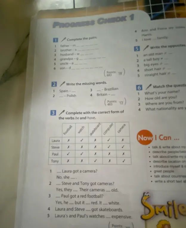 Выполни задания Progress Check 1 по английскому языку: заполни пары слов, вставь пропущенные слова, заполни пропуски правильной формой глаголов be и have, напиши противоположности и сопоставь вопросы