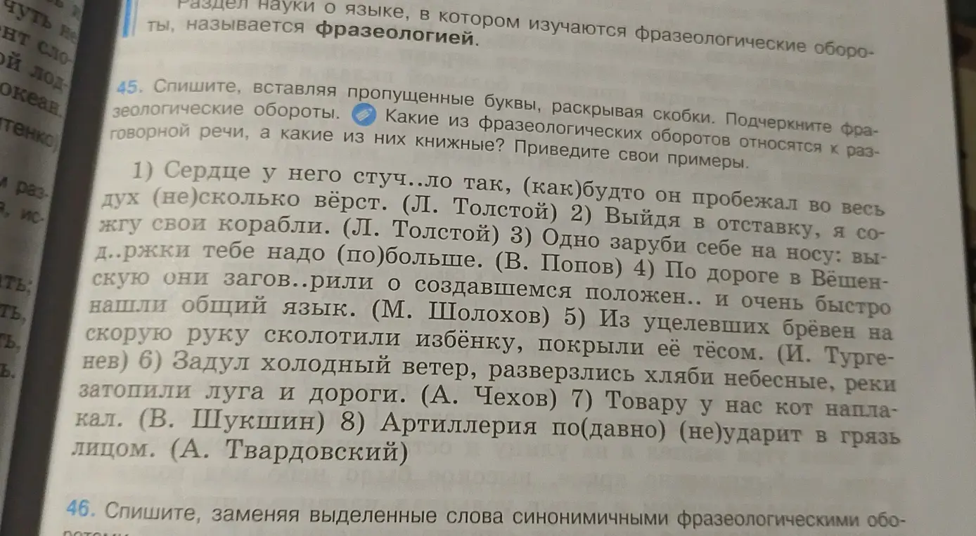 Помоги вставить пропущенные буквы, раскрыть скобки и определить тип фразеологизмов в предложениях