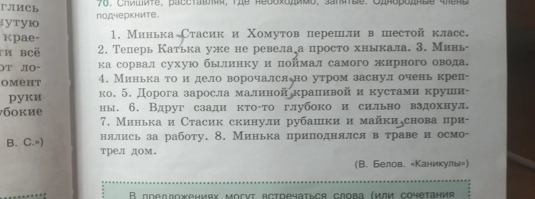 Помоги расставить запятые и подчеркнуть однородные члены предложения в тексте
