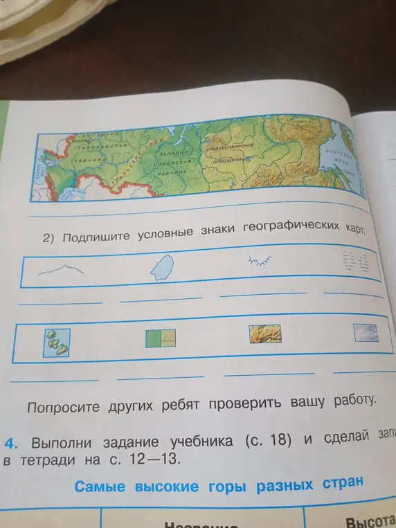 Подпиши условные знаки географических карт.