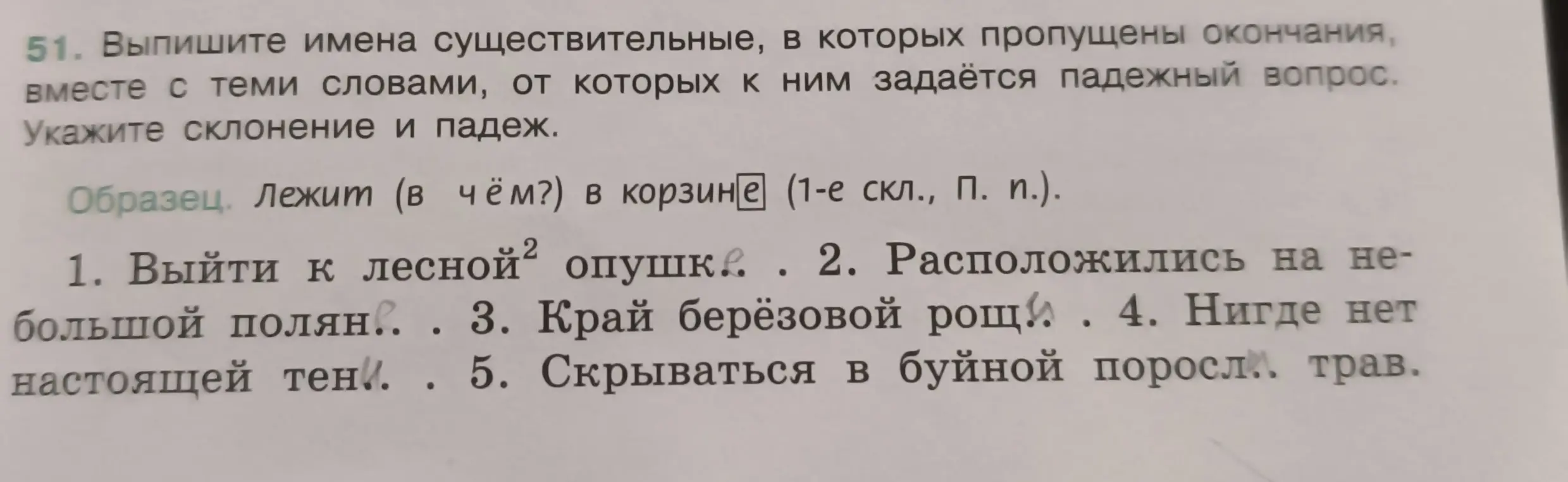 Помоги выписать имена существительные, в которых пропущены окончания, вместе с теми словами, от которых к ним задаётся падежный вопрос. Укажи склонение и падеж. Пример: выйти к лесной опушке.