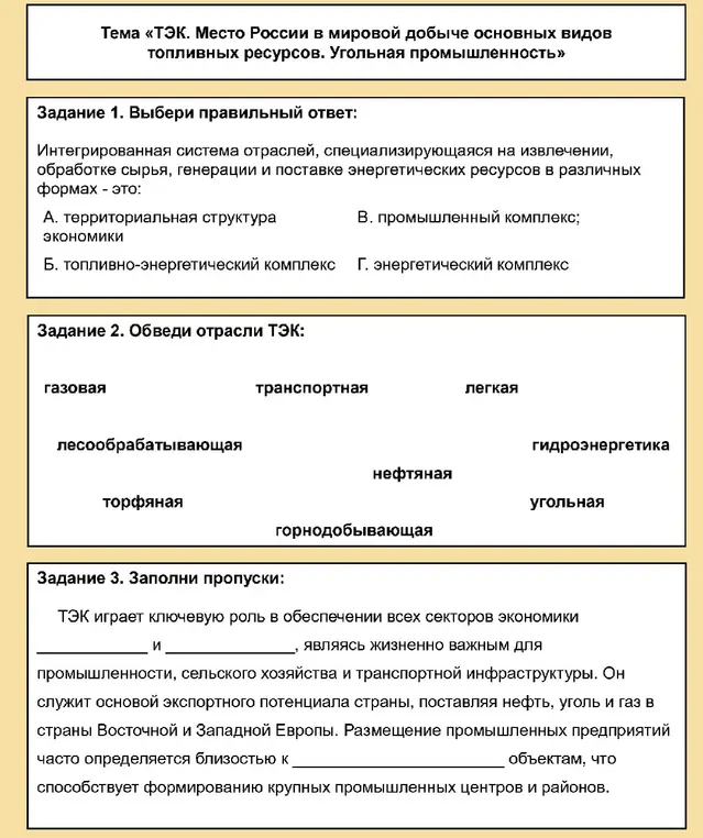 Выбери правильный ответ на вопрос об интегрированной системе отраслей, специализирующейся на извлечении, обработке сырья, генерации и поставке энергетических ресурсов.