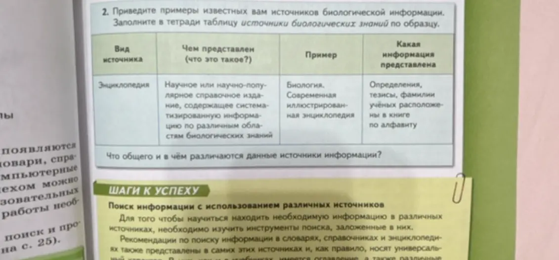 Приведи примеры известных тебе источников биологической информации и заполни таблицу
