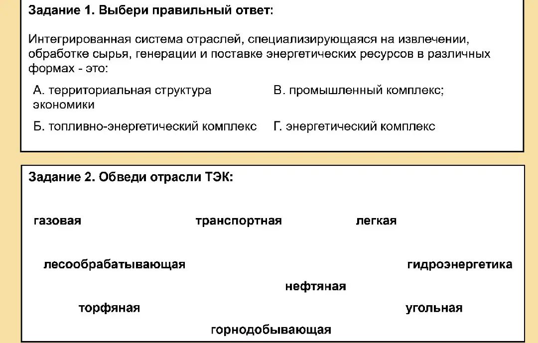 Выбери правильный ответ: Интегрированная система отраслей, специализирующаяся на извлечении, обработке сырья, генерации и поставке энергетических ресурсов в различных формах - это... 