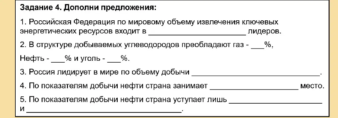 Ты просишь дополнить предложения о месте России в мировой добыче энергоресурсов
