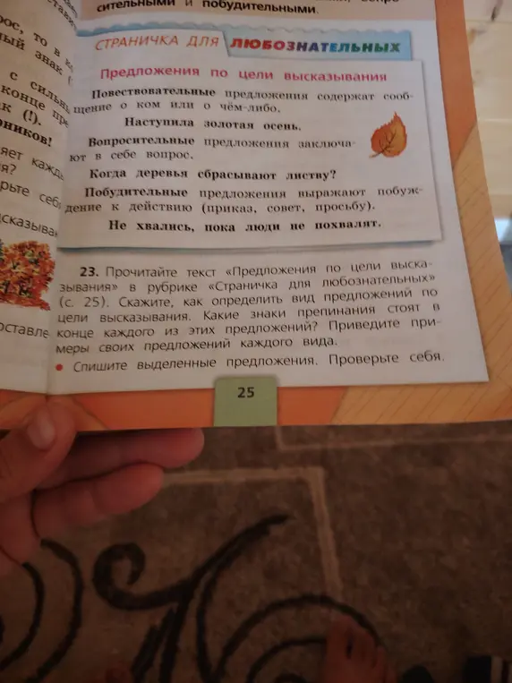 Как определить вид предложений по цели высказывания, какие знаки препинания стоят в конце каждого из этих предложений и какие есть примеры своих предложений каждого вида?