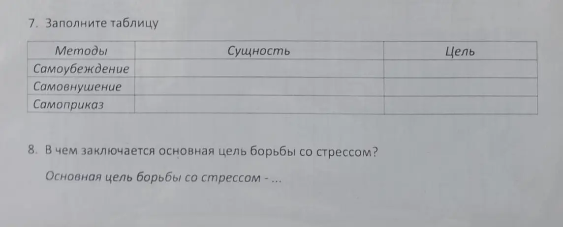 Заполни таблицу 'Методы', включающую 'Самоубеждение', 'Самовнушение' и 'Самоприказ', указав их сущность и цель. Также укажи основную цель борьбы со стрессом