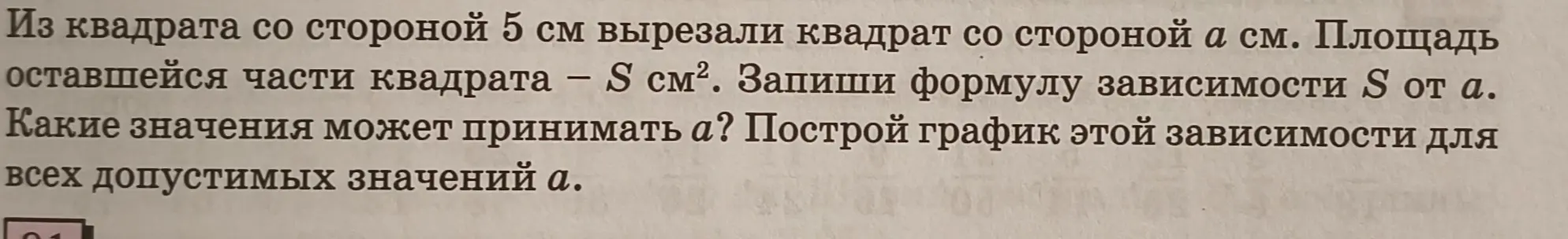 Запиши формулу зависимости S от a, если из квадрата со стороной 5 см вырезали квадрат со стороной a см. Площадь оставшейся части квадрата – S см².