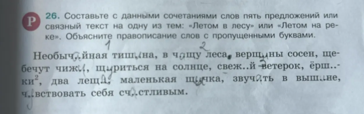 Составь с данными сочетаниями слов пять предложений или связный текст на одну из тем: «Летом в лесу» или «Летом на реке». Объясни правописание слов с пропущенными буквами в предложении "Необыч..йная тиши..на, в чащ..у леса, верш..ины сосен, щебечут чиж..и, щ..уриться на солнце, свеж..ий ветерок, ёрш..ики, два лещ..а, маленькая щ..учка, звуч..ать в выш..ине, ч..увствовать себя сч..астливым".