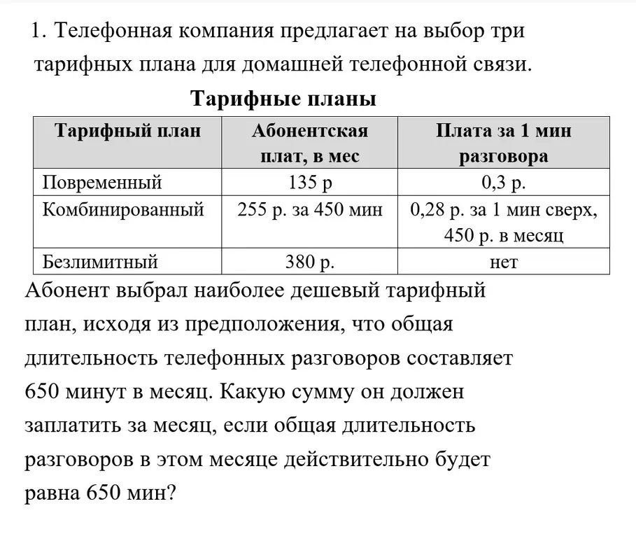 Вычисли, какую сумму должен заплатить абонент за месяц при общей длительности разговоров 650 минут