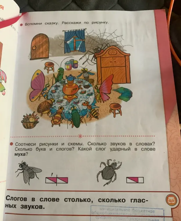 Определи количество букв и звуков, количество слогов и ударный слог в слове 'муха'