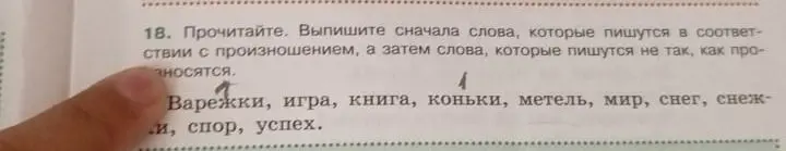 Прочитай и выпиши сначала слова, которые пишутся в соответствии с произношением, а затем слова, которые пишутся не так, как произносятся (варежки, игра, книга, коньки, метель, мир, снег, снежки, спор, успех).