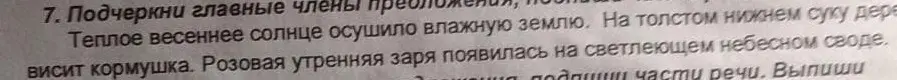 Ты просишь подчеркнуть главные члены в предложениях: 'Теплое весеннее солнце осушило влажную землю', 'На толстом нижнем суку дерева висит кормушка', 'Розовая утренняя заря появилась на светлеющем небесном своде'.