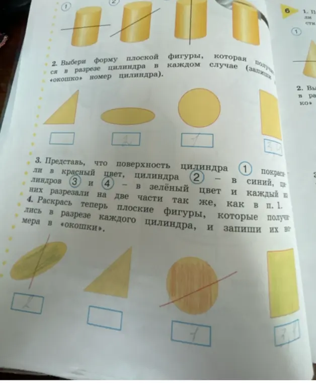 Выбери форму плоской фигуры, которая получается в разрезе цилиндра в каждом случае