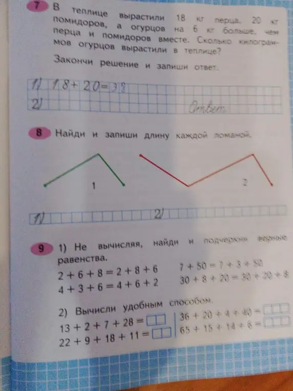 Реши задачу: В теплице вырастили 18 кг перца, 20 кг помидоров, а огурцов на 6 кг больше, чем перца и помидоров вместе. Сколько килограммов огурцов вырастили в теплице? Найди и запиши длину каждой ломаной. Не вычисляя, найди и подчеркни верные равенства.