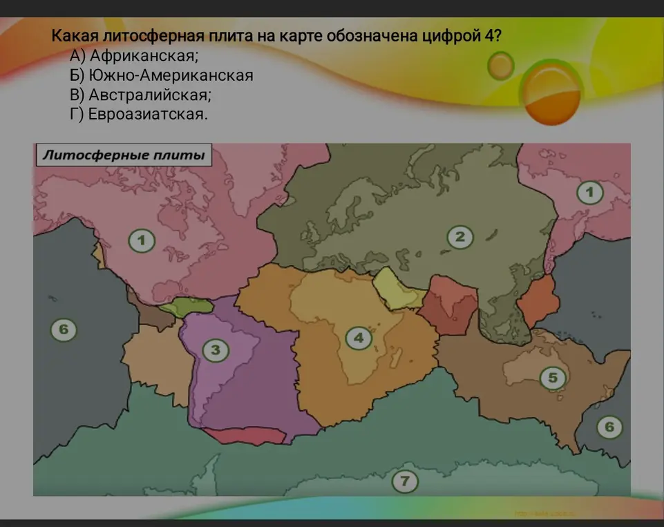 Какая литосферная плита на карте обозначена цифрой 4?