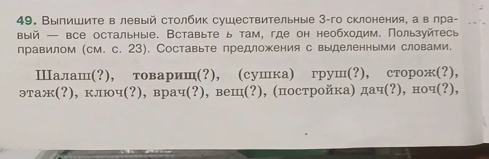 Предложи решение: Выпиши в левый столбик существительные 3-го склонения, вставь ь там, где он необходим для слова 'Шалаш'