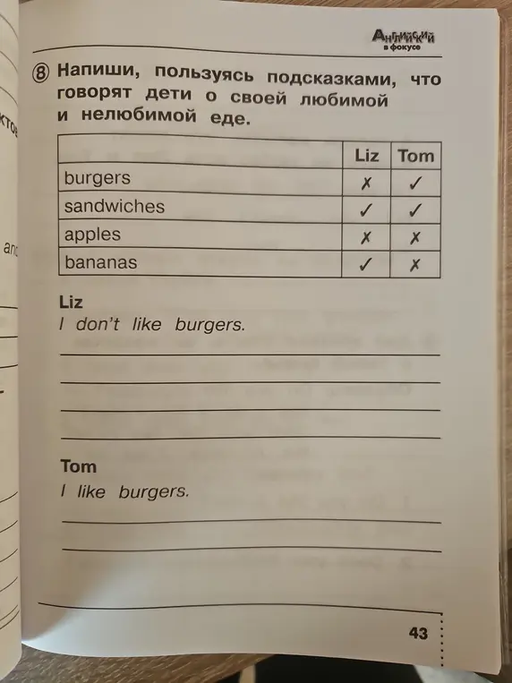 Составь предложения о любимой и нелюбимой еде детей, используя подсказки