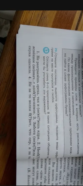 Помоги списать пословицы, выделив орфограммы и указав виды орфограмм. Составь схему 6-го предложения и расскажи, в каких ситуациях общения можно употребить эти выражения.