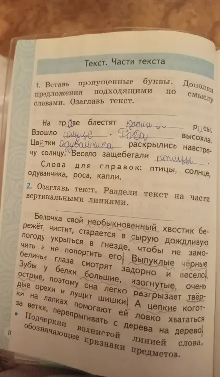 В первом задании вставь пропущенные буквы и озаглавь текст. Во втором задании подчеркни волнистой линией слова, обозначающие признаки предметов