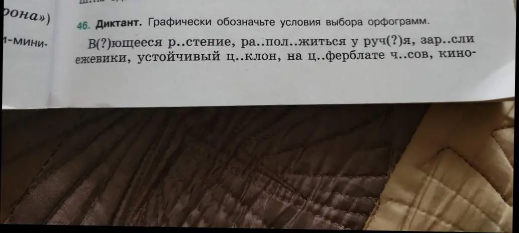 В 46 задании диктанта необходимо графически обозначить условия выбора орфограмм в словах: В(?)ющееся р..стение, ра.. пол..житься у руч(?)я, зар..сли ежевики, устойчивый ц..клон, на ц..ферблате ч..сов, кино-
