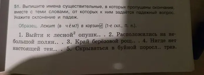 Определи падеж и склонение в предложении 'Выйти к лесной опушк.'