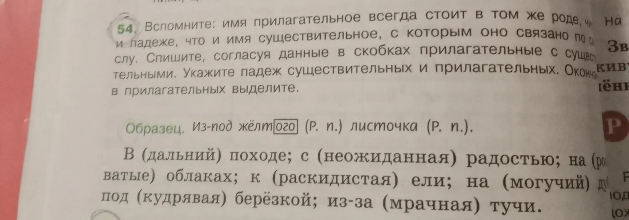 Выполни упражнение, в котором нужно списать текст, согласуя прилагательные с существительными и указать падеж прилагательных и существительных.