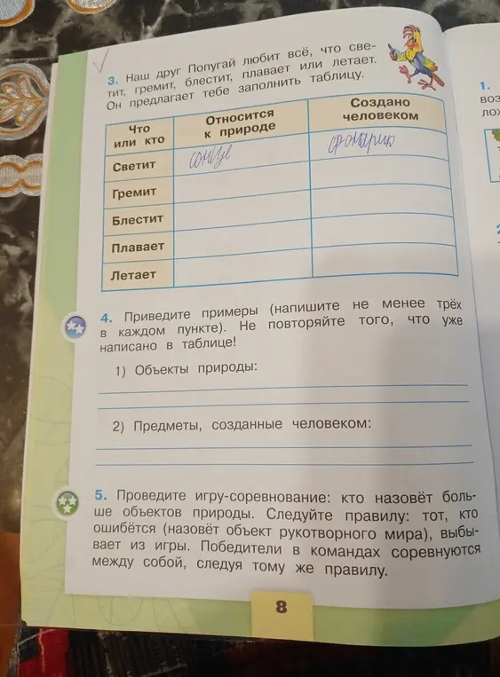 Предложи заполнить таблицу, в которой нужно указать, что относится к природе, а что создано человеком; приведи примеры объектов природы и предметов, созданных человеком.