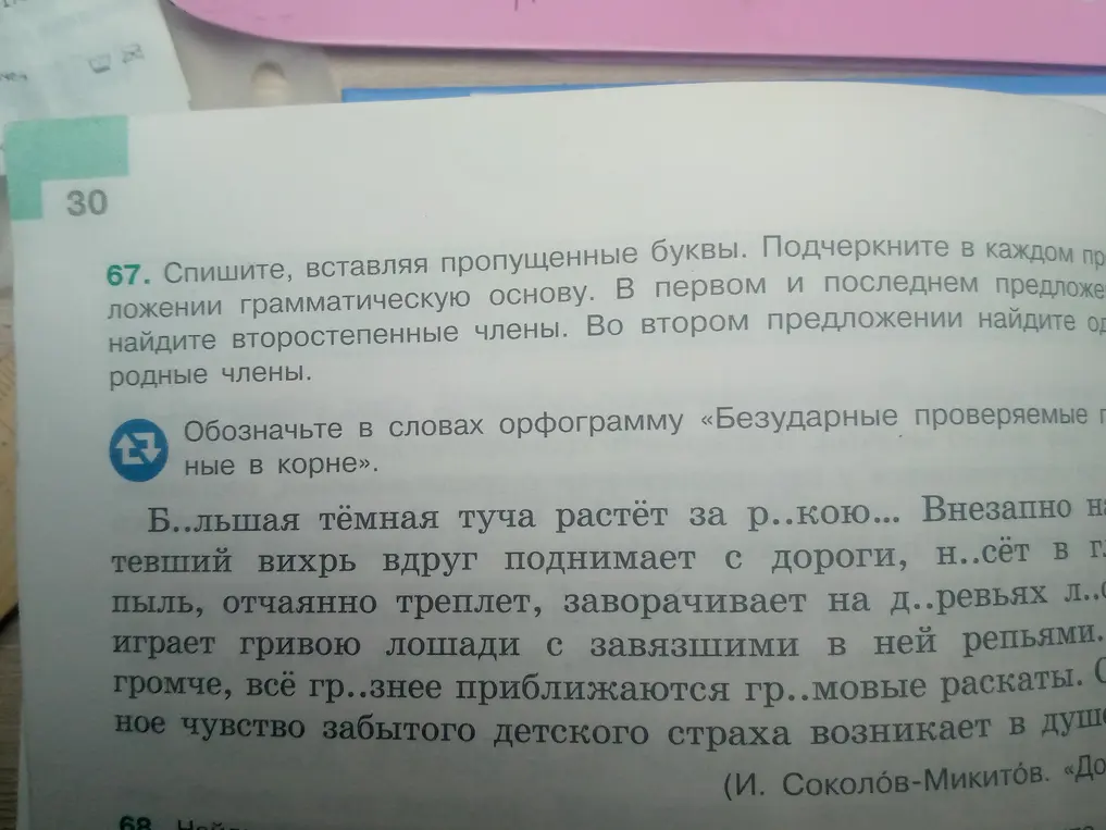 Помоги с упражнением: спиши текст, вставь пропущенные буквы, подчеркни грамматическую основу, найди второстепенные и однородные члены предложения