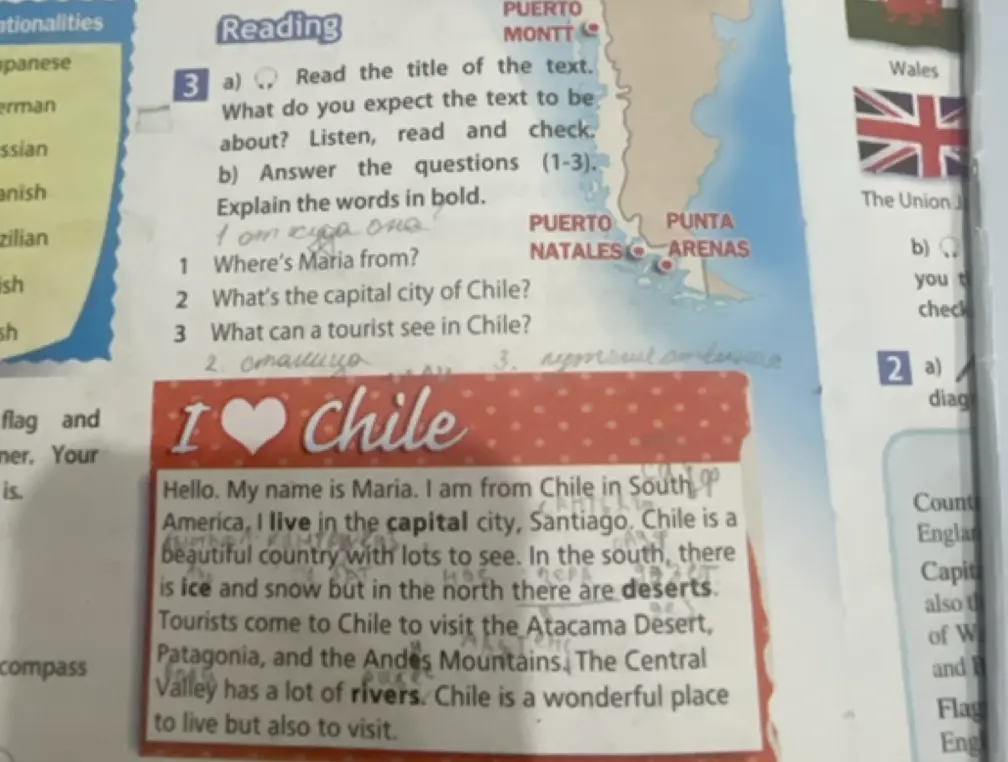 Ответь на вопросы (1-3) к тексту 'I love Chile'