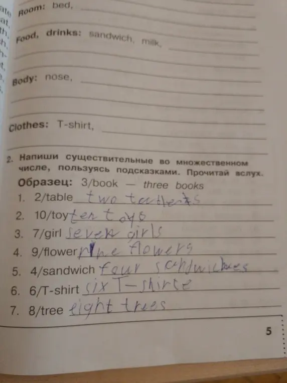 Ты просишь написать существительные во множественном числе, пользуясь подсказками