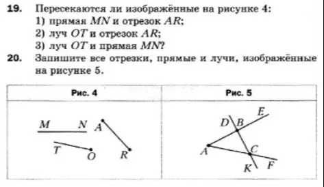 Определи, пересекаются ли прямая MN и отрезок AR, луч OT и отрезок AR, луч OT и прямая MN на рисунке 4. Запиши все отрезки, прямые и лучи, изображённые на рисунке 5