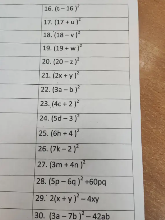 Объясни, как решить пример 16 (t-16)² из задания, также реши примеры 17-30