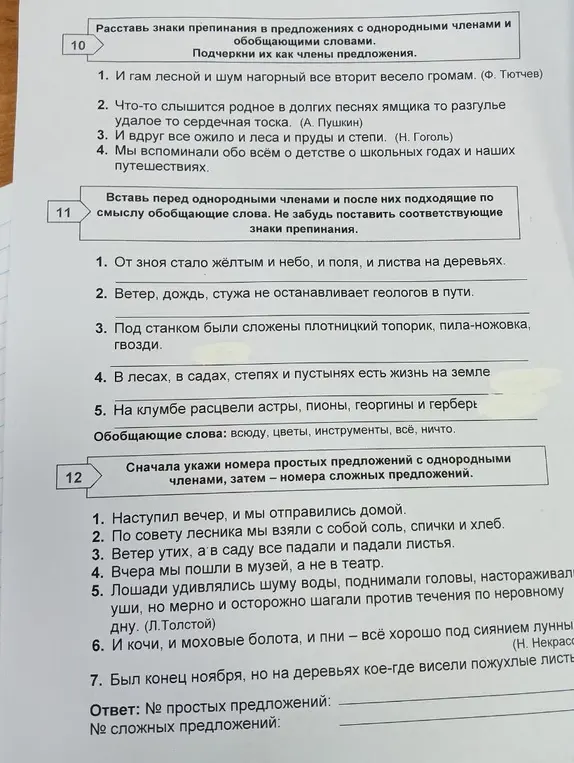 Расставь знаки препинания в предложениях с однородными членами и обобщающими словами.