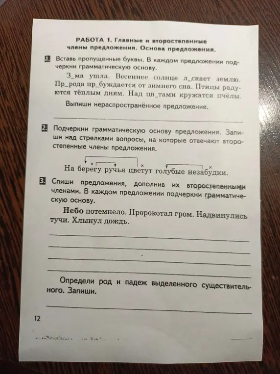 Ты просишь вставить пропущенные буквы, подчеркнуть грамматическую основу в предложениях и определить род и падеж выделенного существительного.