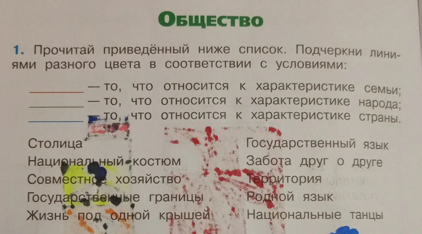 Прочитай приведённый ниже список. Подчеркни линиями разного цвета в соответствии с условиями: то, что относится к характеристике семьи