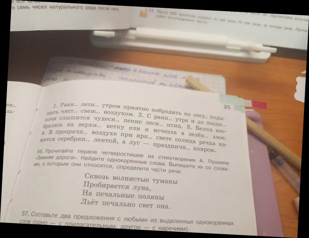 Выполни задание: в стихотворении А. Пушкина «Зимняя дорога» найди однокоренные слова, выпиши их со словами, к которым они относятся, определи части речи.