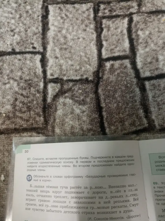 Помоги выполнить упражнение: Спиши, вставляя пропущенные буквы. Подчеркни в каждом предложении грамматическую основу. В первом и последнем предложении найди второстепенные члены. Во втором предложении найди однородные члены