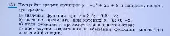 Помоги построить график функции y = -x² + 2x + 8 и найти значения, используя график