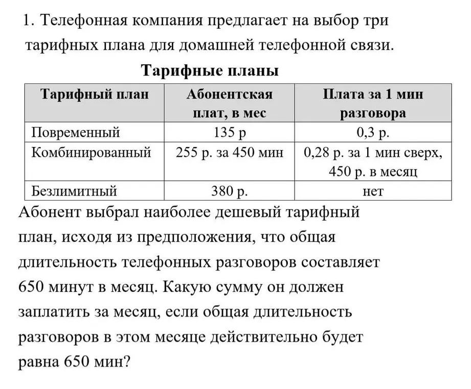 Вычисли сумму, которую должен заплатить абонент за месяц, если он выберет наиболее дешёвый тарифный план, исходя из предположения, что общая длительность телефонных разговоров составит 650 минут