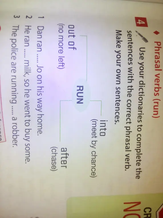 Составь предложения с фразовыми глаголами run.