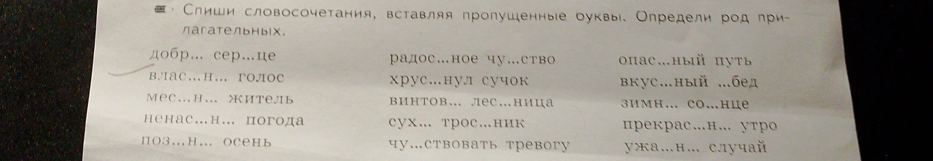Ты просишь списать словосочетания, вставляя пропущенные буквы и определить род прилагательных.
