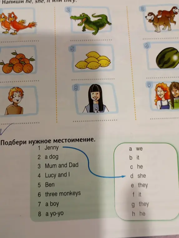 Помоги мне подобрать нужное местоимение к словам Jenny, a dog, Mum and Dad и т.д.