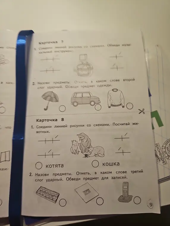 Выполни задания в карточках 7 и 8: соедини рисунки со схемами, отметь ударный слог, обведи музыкальный инструмент и предмет одежды, посчитай животных и обведи предмет для записей