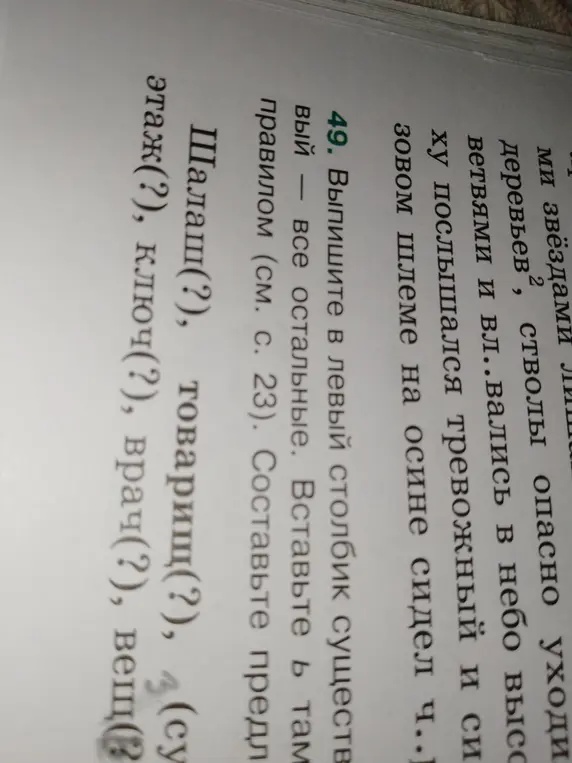Раздели слова "Шалаш(?), товарищ(?), этаж(?), ключ(?), врач(?), вещ(?)" на одушевлённые и неодушевлённые