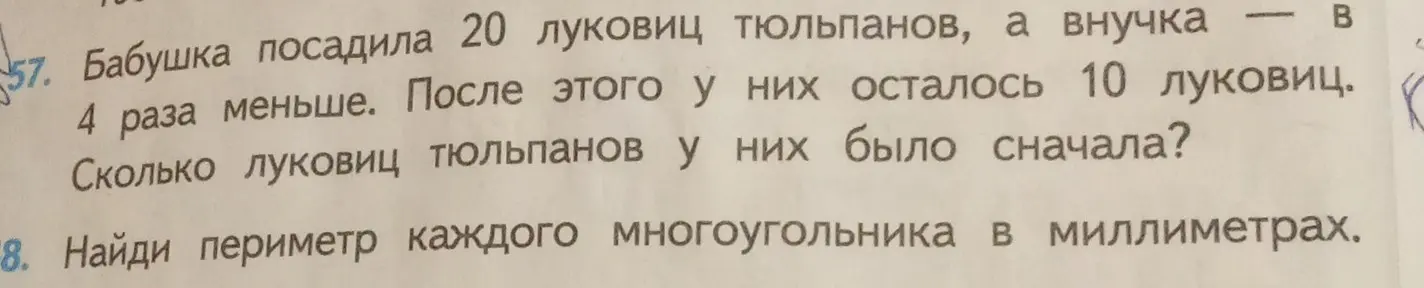 Помоги решить задачу: Бабушка посадила 20 луковиц тюльпанов, а внучка в 4 раза меньше. После этого у них осталось 10 луковиц. Сколько луковиц тюльпанов у них было сначала? Найди периметр каждого многоугольника в миллиметрах.